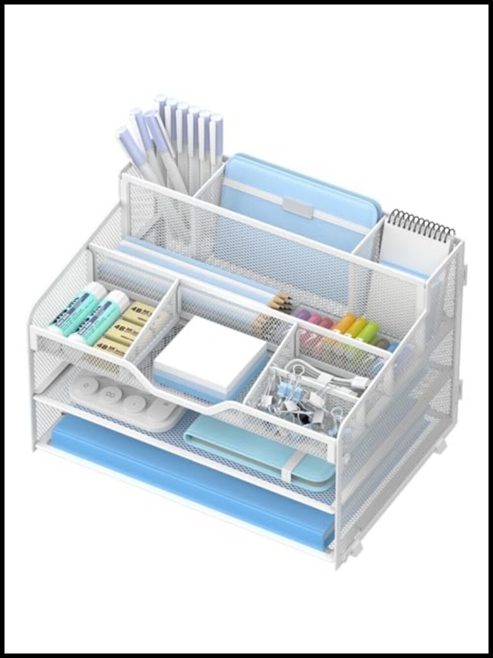 3 Tier Mesh Desk Organizer with Pen Holders Letter Tray Office